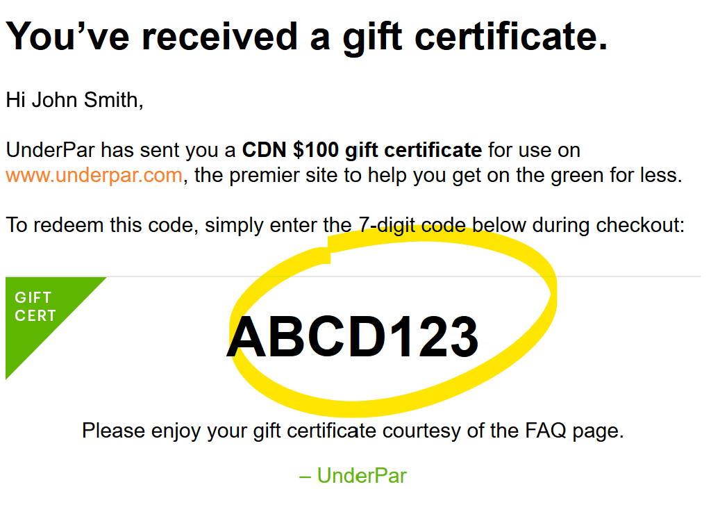 Gift certificate email